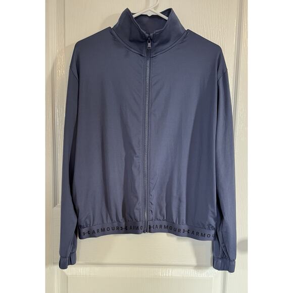 Under Armour Women Jacket Medium Blue Cropped Heatgear Full Zip Boxy Logo Band - Picture 2 of 5